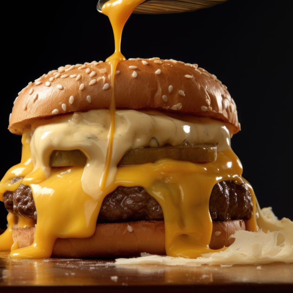 A large burger with a sesame seed bun, pickles, and white sauce, drenched in melted cheese.