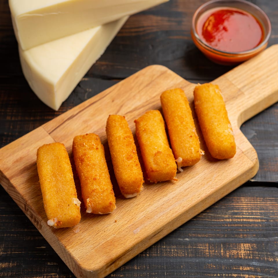 Six golden-brown mozzarella sticks on a wooden board, with a bowl of red sauce and cheese wedges.